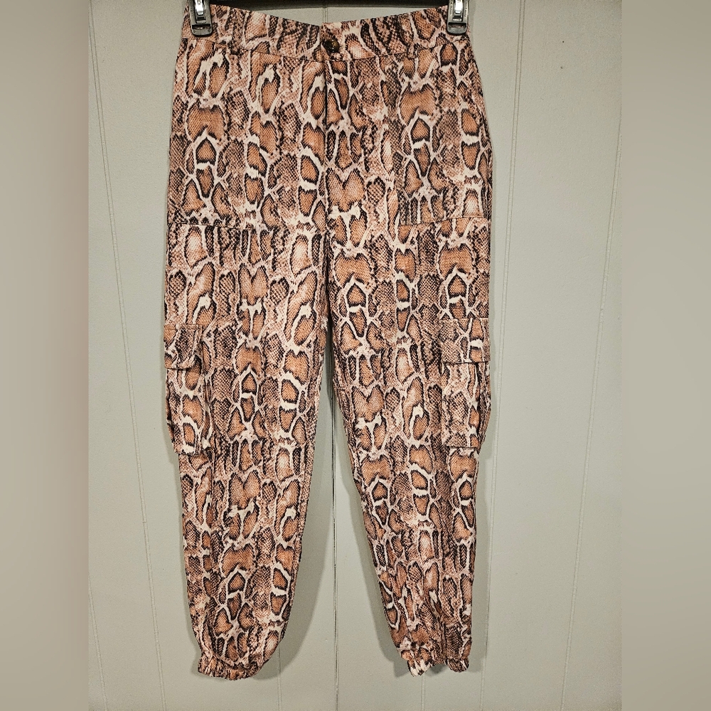 Chic Me Snake Print Jogger Pants Women Medium Cargo Pockets Elastic Ankle 28x28
